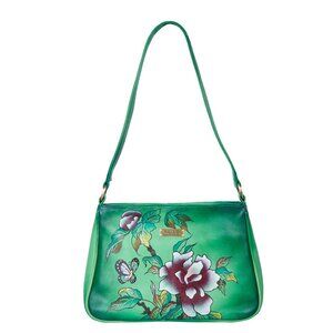 Hand-Painted Green Genuine Leather Shoulder Tote Bag for Women